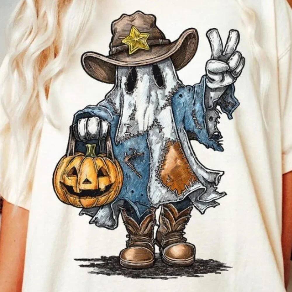 Retro Halloween Cowboy Blue Denim Ghost Tee - Picture 2 of 4